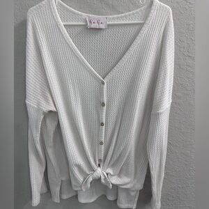 Waffle knit tie front boutique blouse